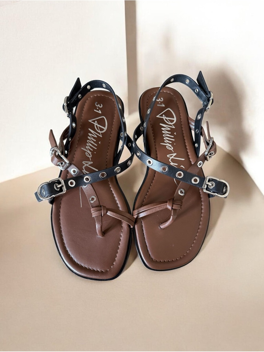 3.1 Phillip Lim Brown Leather Sandals with Black Studded Straps